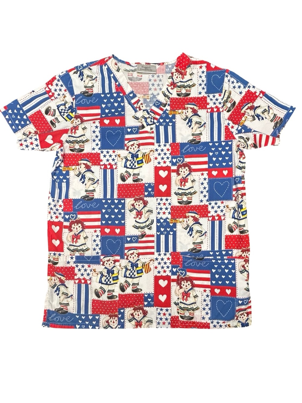 VTG Raggedy Ann & Andy patriotic red white blue scrub top cottagecore country